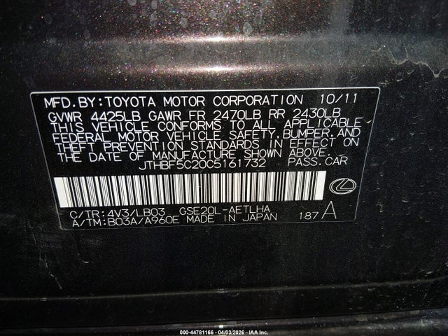 Aukcja sprzedaży 2012 Lexus Is 250, vin: JTHBF5C20C5161732, numer aukcji: 44781166