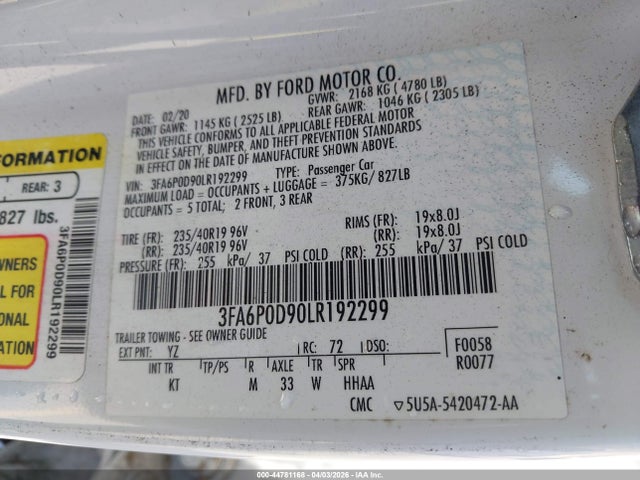 Aukcja sprzedaży 2020 Ford Fusion Titanium, vin: 3FA6P0D90LR192299, numer aukcji: 44781168