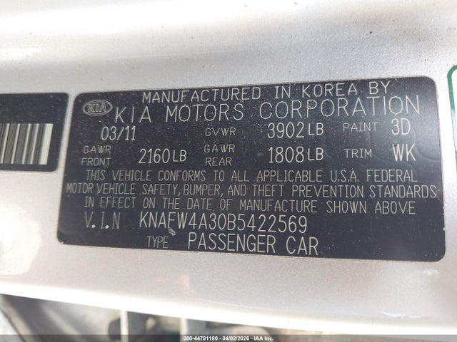 44781180 :رقم المزاد ، KNAFW4A30B5422569 vin ، 2011 Kia Forte Sx مزاد بيع