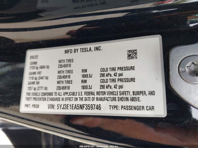 Aukcja sprzedaży 2022 Tesla Model 3 Rear-wheel Drive, vin: 5YJ3E1EA5NF359746, numer aukcji: 44781187