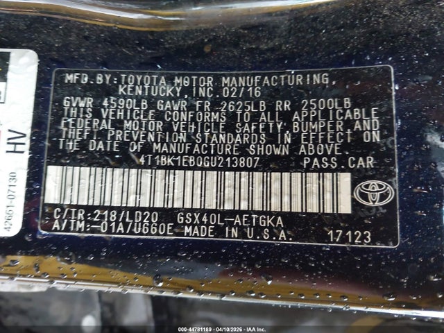 4T1BK1EB0GU213807 Toyota AVALON XLE