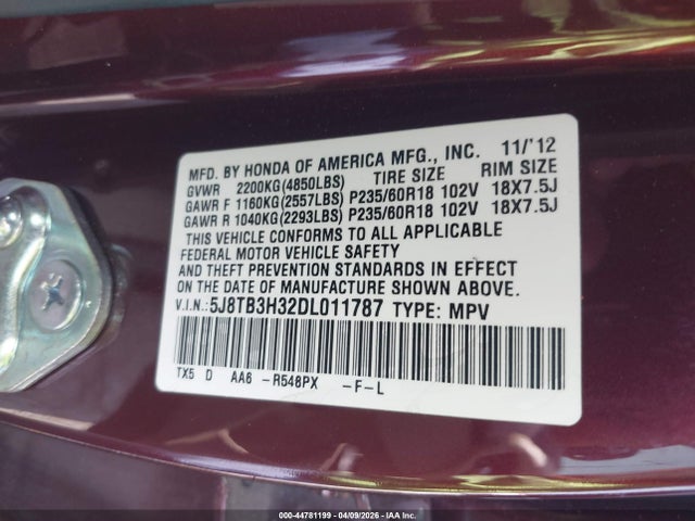 44781199 :رقم المزاد ، 5J8TB3H32DL011787 vin ، 2013 Acura Rdx مزاد بيع