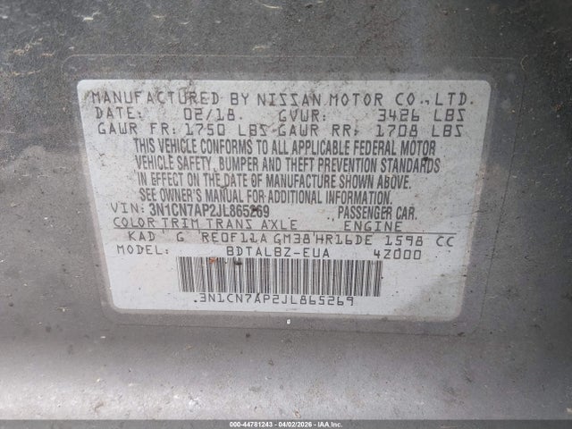 3N1CN7AP2JL865269 Nissan Versa 1.6 Sv