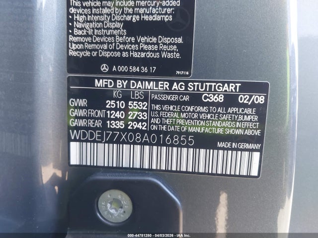 Продажа на аукционе авто 2008 Mercedes-benz Cl 63 Amg, vin: WDDEJ77X08A016855, номер лота: 44781280