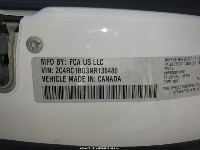 Продаж на аукціоні авто 2022 Chrysler Pacifica Touring L, vin: 2C4RC1BG3NR130480, номер лоту: 44781281