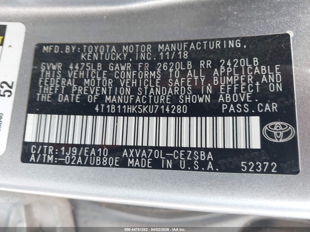 2019 TOYOTA CAMRY 4T1B11HK5KU714280 Photo 8