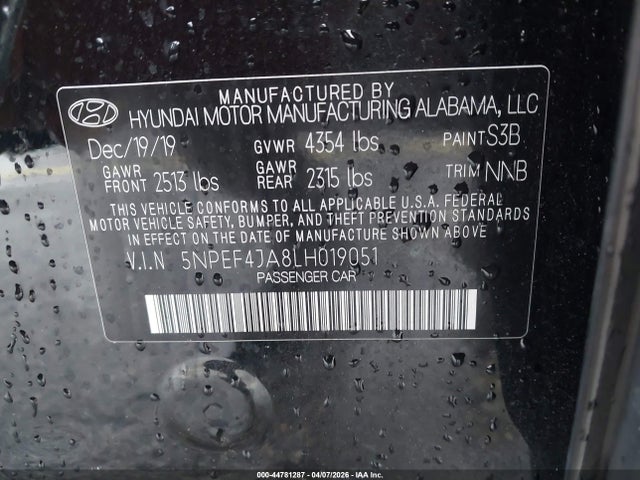 Продаж на аукціоні авто 2020 Hyundai Sonata Sel, vin: 5NPEF4JA8LH019051, номер лоту: 44781287