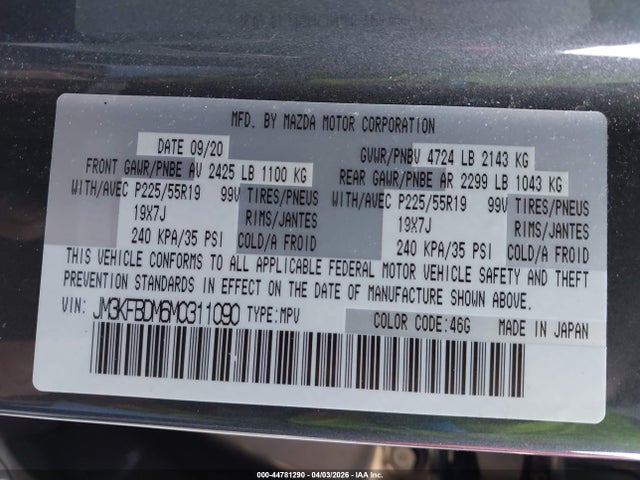 44781290 :رقم المزاد ، JM3KFBDM6M0311090 vin ، 2021 Mazda Cx-5 Grand Touring مزاد بيع