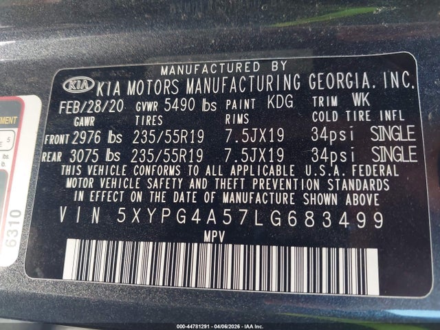 44781291 :رقم المزاد ، 5XYPG4A57LG683499 vin ، 2020 Kia Sorento 3.3l S مزاد بيع