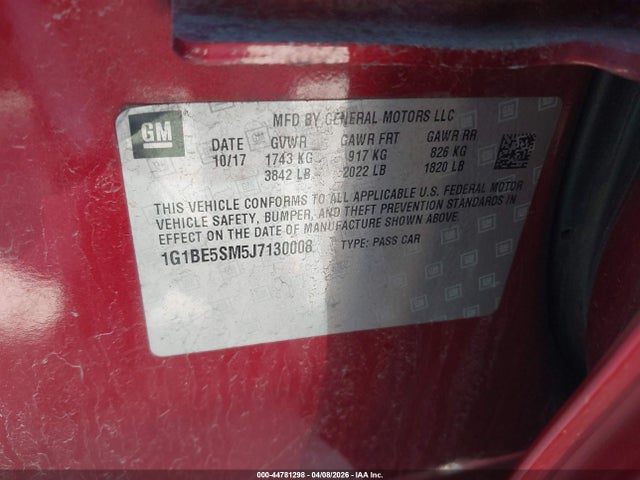 44781298 :رقم المزاد ، 1G1BE5SM5J7130008 vin ، 2018 Chevrolet Cruze Lt Auto مزاد بيع
