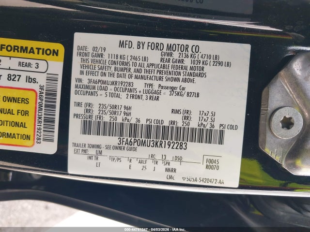 Продаж на аукціоні авто 2019 Ford Fusion Hybrid Sel, vin: 3FA6P0MU3KR192283, номер лоту: 44781347