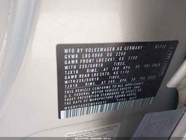Продаж на аукціоні авто 2012 Volkswagen Tiguan Se, vin: WVGBV7AX4CW560972, номер лоту: 44781363