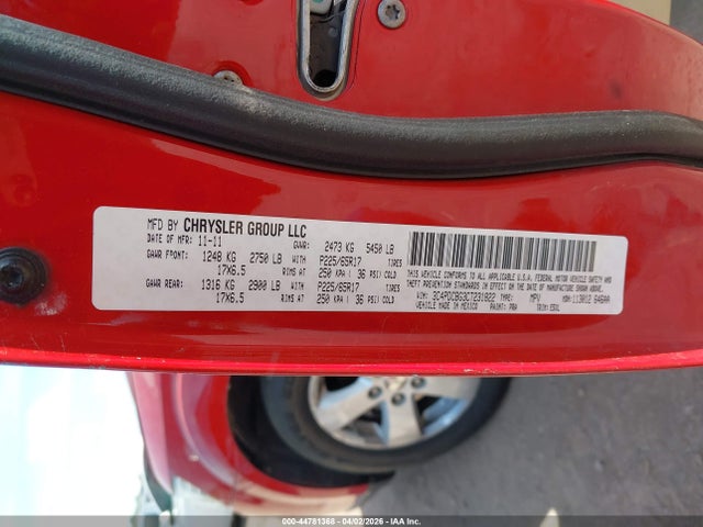 2012 Dodge Journey Sxt მანქანა იყიდება აუქციონზე, vin: 3C4PDCBG3CT231822, აუქციონის ნომერი: 44781368