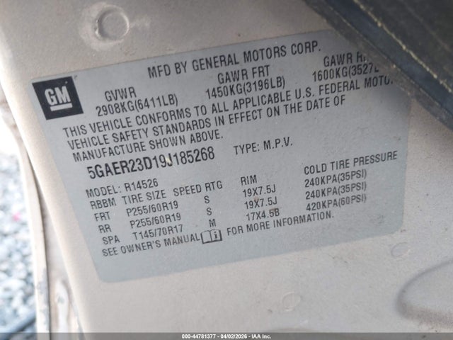 Aukcja sprzedaży 2009 Buick Enclave Cxl, vin: 5GAER23D19J185268, numer aukcji: 44781377