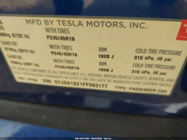 Продаж на аукціоні авто 2015 Tesla Model S 70d/85d/p85d, vin: 5YJSA1S21FF093177, номер лоту: 44781399