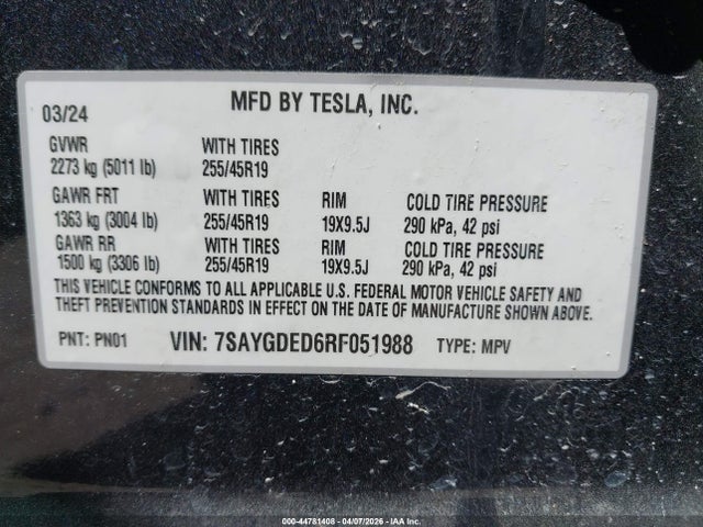 2024 Tesla Model Y Long Range Single Motor Rear-wheel Drive/rwd მანქანა იყიდება აუქციონზე, vin: 7SAYGDED6RF051988, აუქციონის ნომერი: 44781408