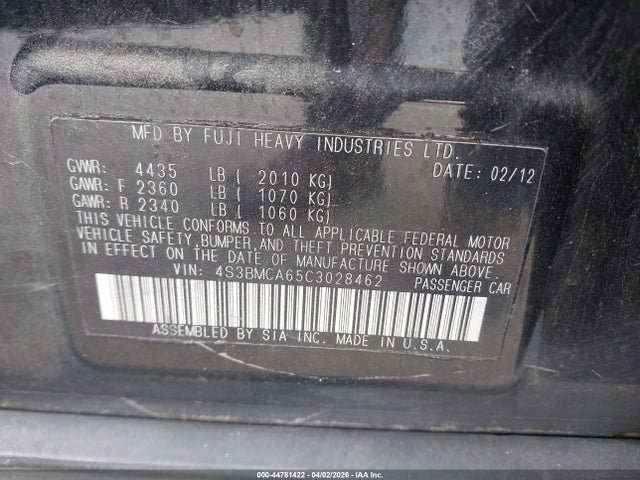 44781422 :رقم المزاد ، 4S3BMCA65C3028462 vin ، 2012 Subaru Legacy 2.5i مزاد بيع