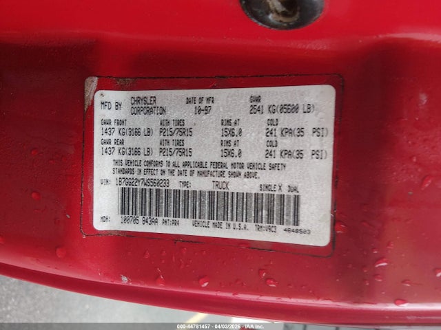 44781457 :رقم المزاد ، 1B7GG22Y7WS560233 vin ، 1998 Dodge Dakota Slt/sport مزاد بيع