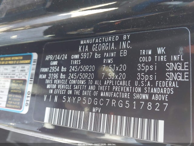 Aukcja sprzedaży 2024 Kia Telluride Sx X-line, vin: 5XYP5DGC7RG517827, numer aukcji: 44781503