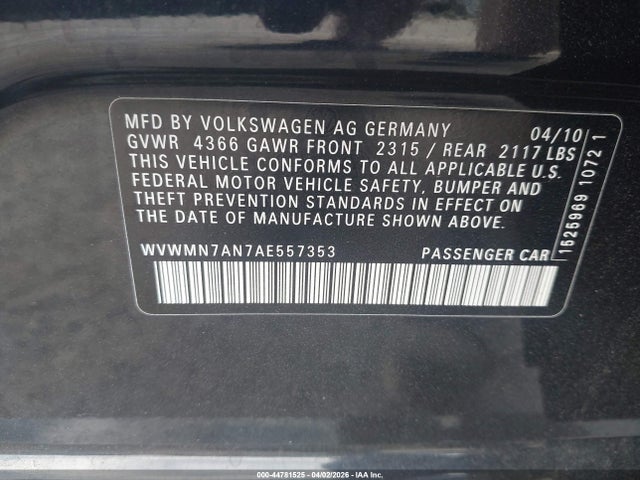 44781525 :رقم المزاد ، WVWMN7AN7AE557353 vin ، 2010 Volkswagen Cc Sport مزاد بيع