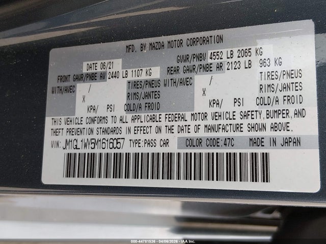 Aukcja sprzedaży 2021 Mazda Mazda6 Carbon Edition, vin: JM1GL1WY5M1616057, numer aukcji: 44781536