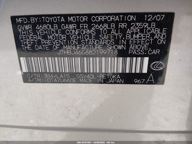 Aukcja sprzedaży 2008 Lexus Es 350, vin: JTHBJ46G882199718, numer aukcji: 44781581