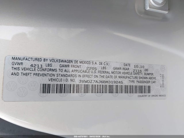 Aukcja sprzedaży 2011 Volkswagen Jetta 2.5l Se, vin: 3VWDZ7AJ6BM319245, numer aukcji: 44781601
