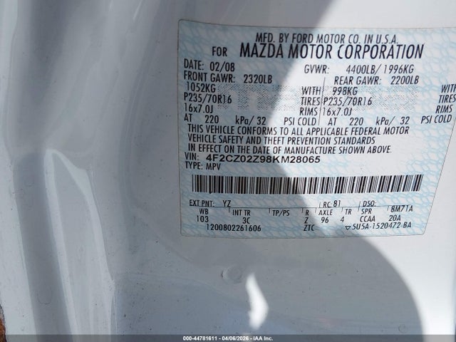 Auction sale of the 2008 Mazda Tribute I Sport, vin: 4F2CZ02Z98KM28065, lot number: 44781611