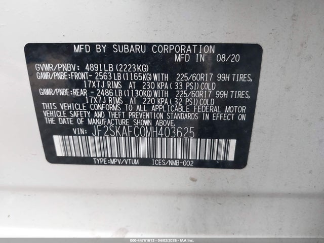 2021 Subaru Forester Premium მანქანა იყიდება აუქციონზე, vin: JF2SKAFC0MH403625, აუქციონის ნომერი: 44781613