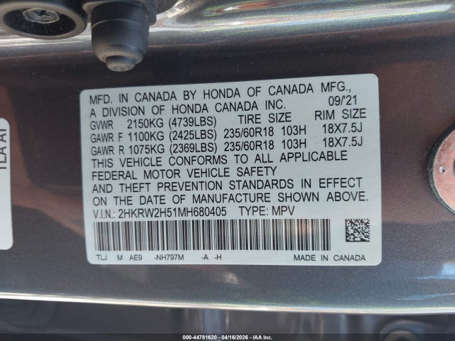 Aukcja sprzedaży 2021 Honda Cr-v Awd Ex, vin: 2HKRW2H51MH680405, numer aukcji: 44781620