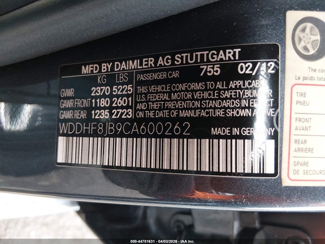44781631 :رقم المزاد ، WDDHF8JB9CA600262 vin ، 2012 Mercedes-benz E 350 4matic مزاد بيع