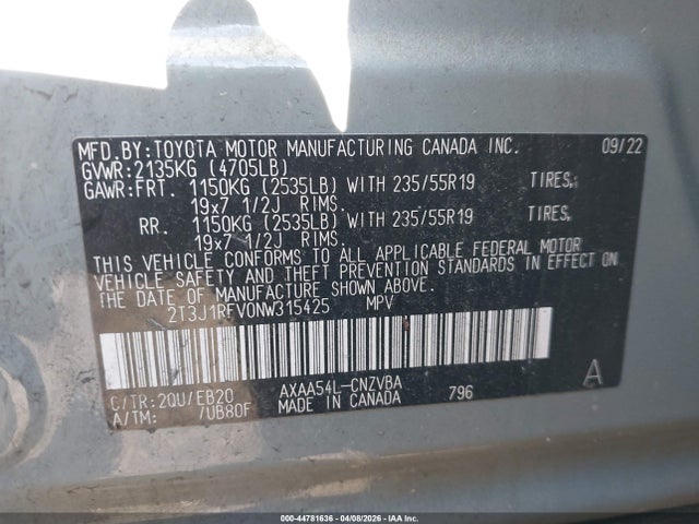 Aukcja sprzedaży 2022 Toyota Rav4 Adventure, vin: 2T3J1RFV0NW315425, numer aukcji: 44781636