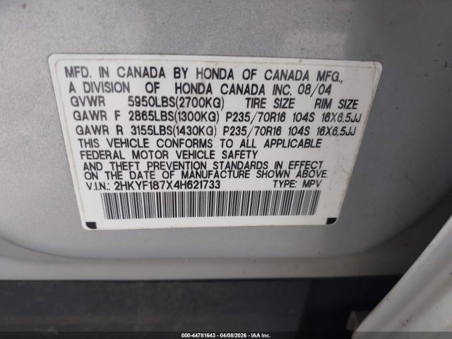 Продажа на аукционе авто 2004 Honda Pilot Ex-l, vin: 2HKYF187X4H621733, номер лота: 44781643