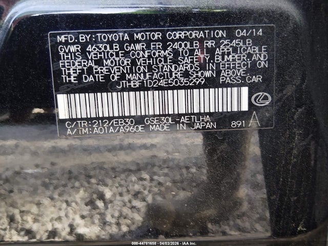 Продаж на аукціоні авто 2014 Lexus Is 250, vin: JTHBF1D24E5035299, номер лоту: 44781658