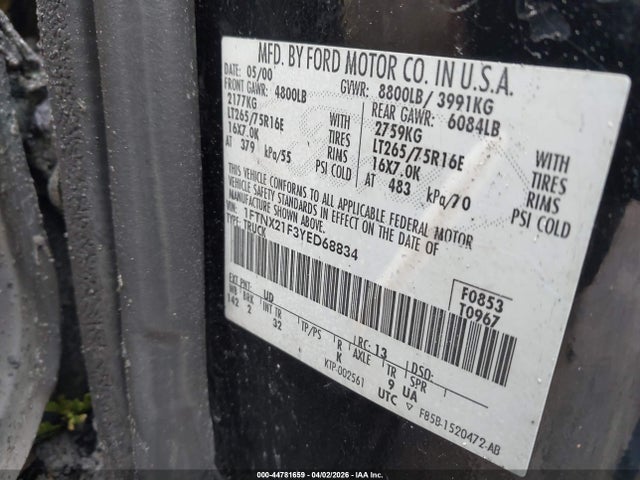 Продаж на аукціоні авто 2000 Ford F-250 Lariat/xl/xlt, vin: 1FTNX21F3YED68834, номер лоту: 44781659