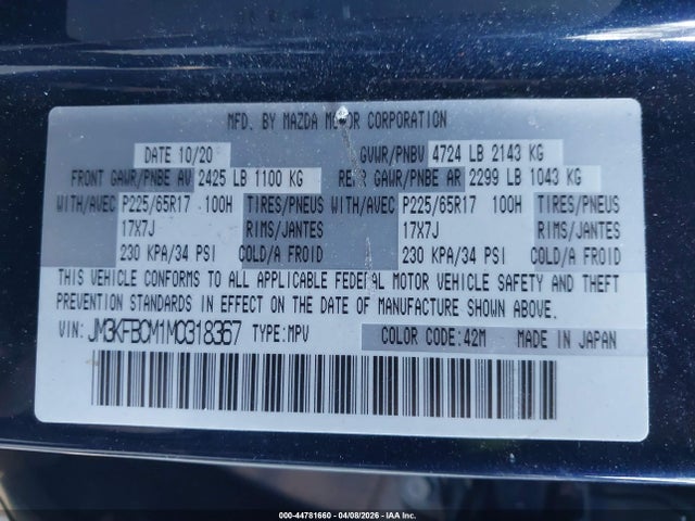 44781660 :رقم المزاد ، JM3KFBCM1M0318367 vin ، 2021 Mazda Cx-5 Touring مزاد بيع