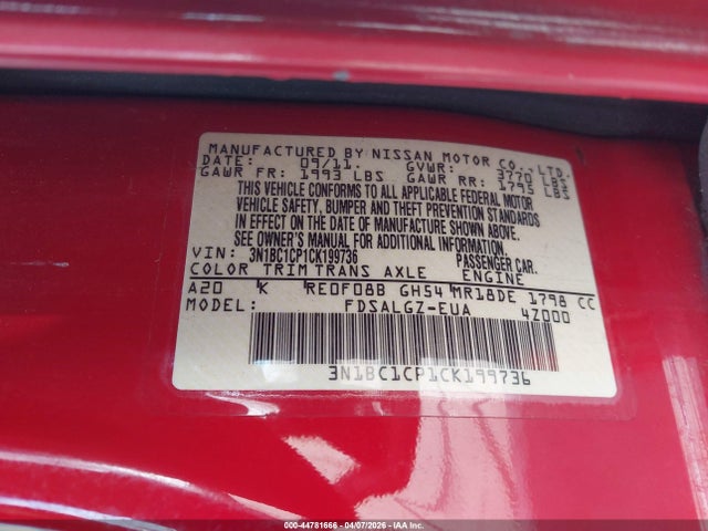 44781666 :رقم المزاد ، 3N1BC1CP1CK199736 vin ، 2012 Nissan Versa 1.8 Sl مزاد بيع