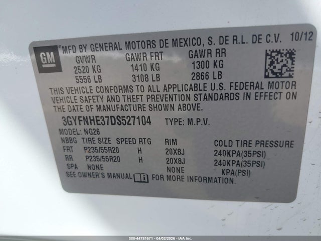 Aukcja sprzedaży 2013 Cadillac Srx Performance Collection, vin: 3GYFNHE37DS527104, numer aukcji: 44781671