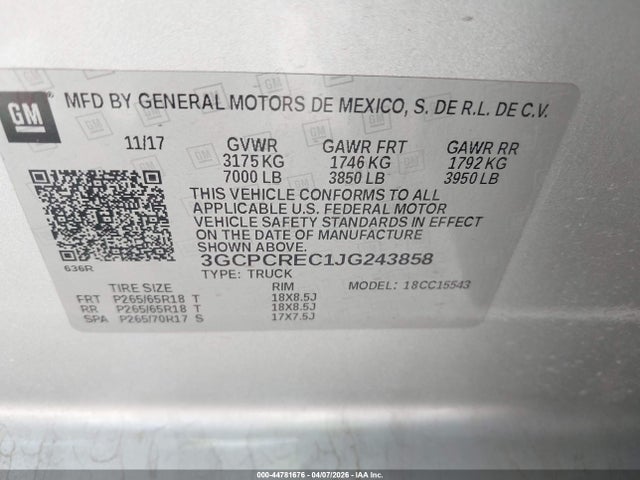 44781676 :رقم المزاد ، 3GCPCREC1JG243858 vin ، 2018 Chevrolet Silverado 1500 1lt مزاد بيع