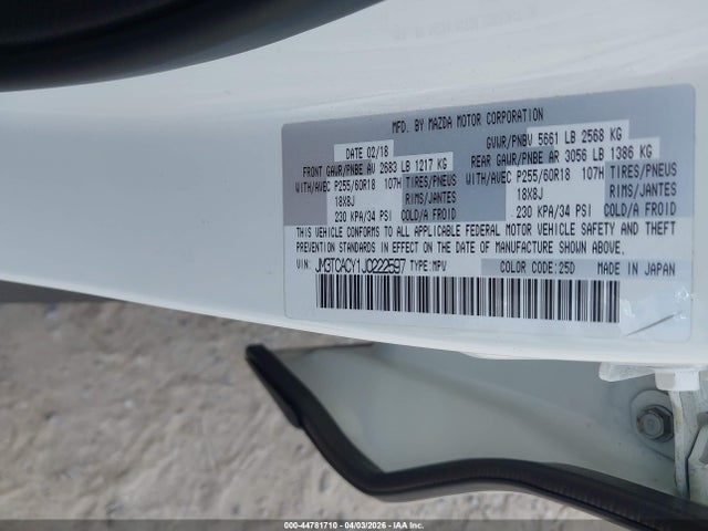 44781710 :رقم المزاد ، JM3TCACY1J0222597 vin ، 2018 Mazda Cx-9 Touring مزاد بيع