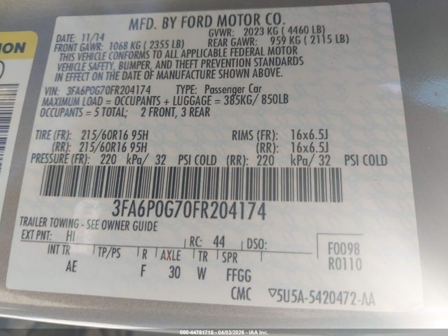 Продажа на аукционе авто 2015 Ford Fusion S, vin: 3FA6P0G70FR204174, номер лота: 44781715