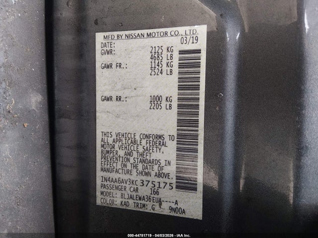 44781719 :رقم المزاد ، 1N4AA6AV3KC375175 vin ، 2019 Nissan Maxima 3.5 Sl مزاد بيع
