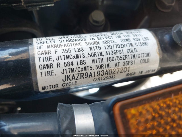 2003 Kawasaki Zr1200 A მანქანა იყიდება აუქციონზე, vin: JKAZR9A193A027201, აუქციონის ნომერი: 44781722