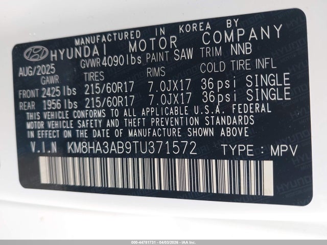 2026 Hyundai Kona Se მანქანა იყიდება აუქციონზე, vin: KM8HA3AB9TU371572, აუქციონის ნომერი: 44781731