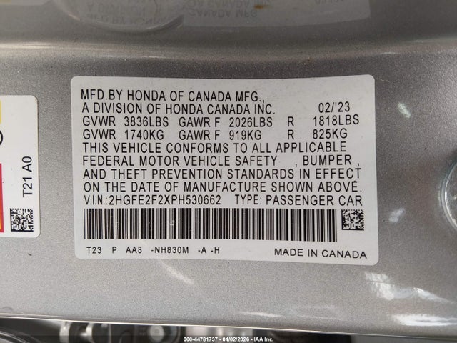 2023 Honda Civic Lx მანქანა იყიდება აუქციონზე, vin: 2HGFE2F2XPH530662, აუქციონის ნომერი: 44781737