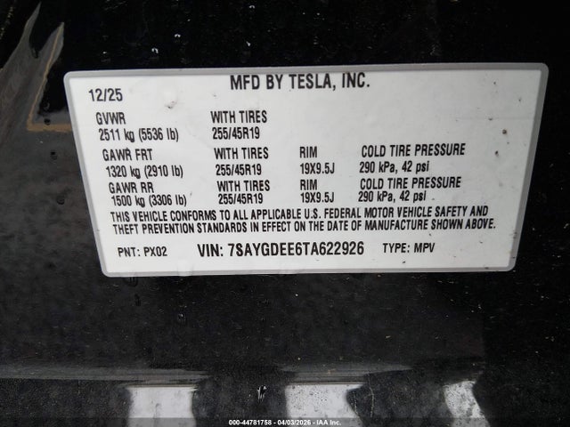 Aukcja sprzedaży 2026 Tesla Model Y All-wheel Drive/long Range Launch Series/premium All-wheel Drive, vin: 7SAYGDEE6TA622926, numer aukcji: 44781758
