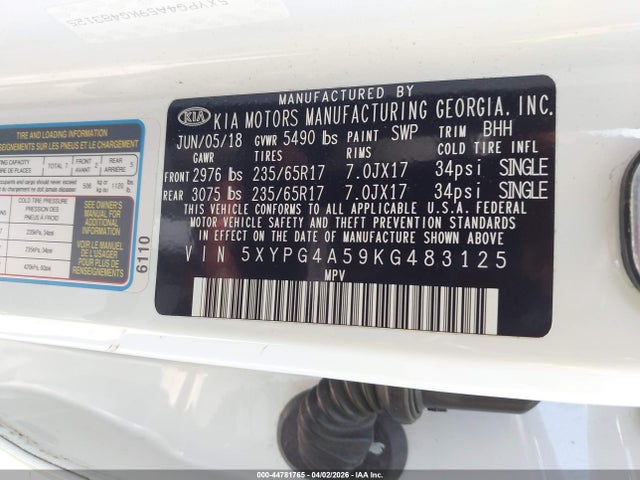 Auction sale of the 2019 Kia Sorento 3.3l Lx, vin: 5XYPG4A59KG483125, lot number: 44781765