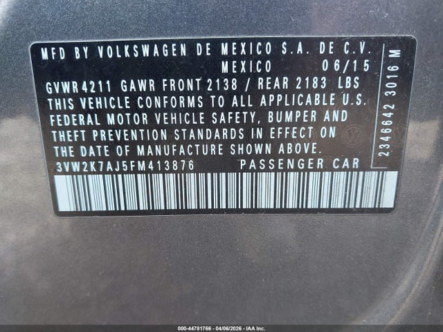 Aukcja sprzedaży 2015 Volkswagen Jetta 2.0l S, vin: 3VW2K7AJ5FM413876, numer aukcji: 44781766