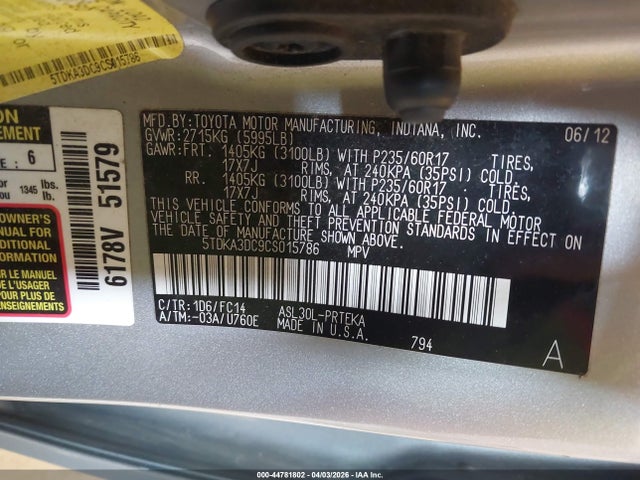 2012 TOYOTA SIENNA 5TDKA3DC9CS015786 Photo 8