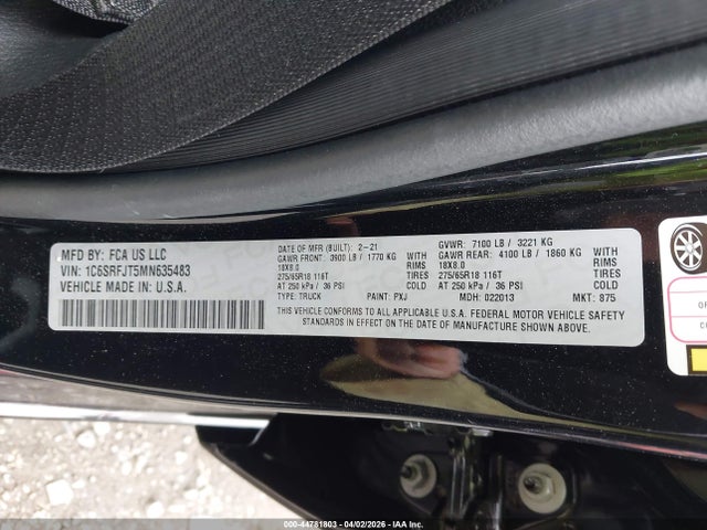 Продажа на аукционе авто 2021 Ram 1500 Laramie  4x4 5'7 Box, vin: 1C6SRFJT5MN635483, номер лота: 44781803